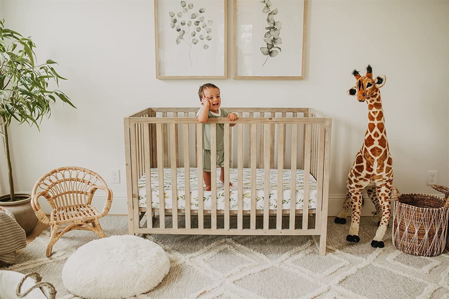 NODNAL CO. Green Leafy Cotton Crib Fitted Sheet Set, 100% OEKO-TEX Cotton, 3 Pieces, for Baby Girl or Boy Infant/Toddler Nursery Bedding, Gender Neutral Leafs, Greenery, Floral Eucalyptus