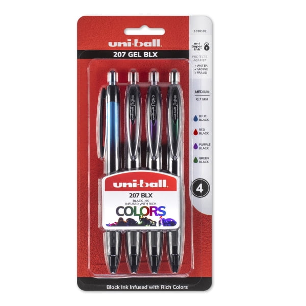 Uni ball 207 Retractable Medium Point Gel Pens, 4 pack, Assorted Colors