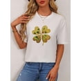 thumbnail image 1 of Women's Lucky Clover Graphic T-Shirt - Casual White Crew Neck Short Sleeve Top with Vibrant Golden & Green Print, Lightweight Polyester Blend, Machine Washable - Perfect for St. Patrick's Day Fashion, 1 of 7