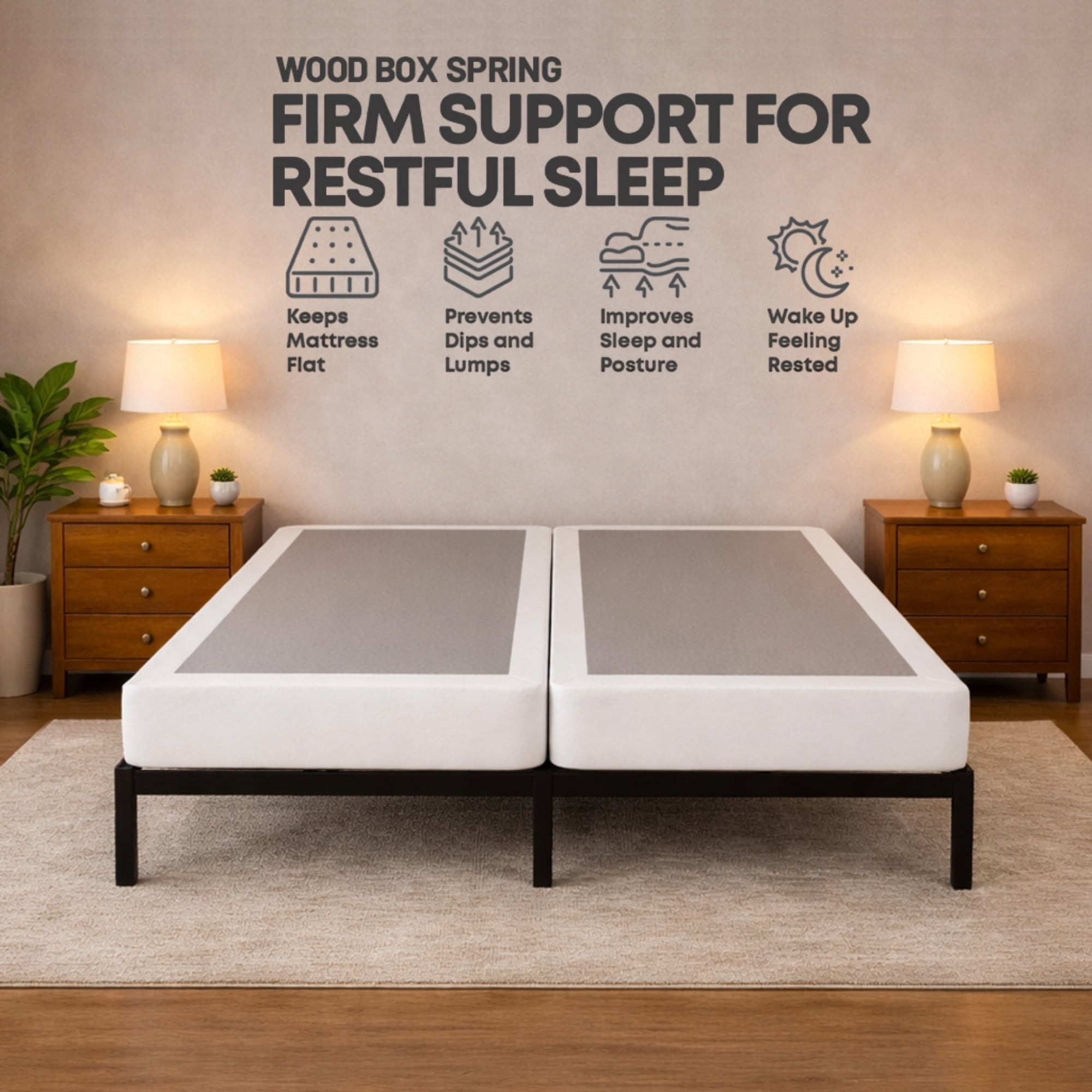 Wayton, 4" Split Sturdy Fully Assembled Wood Box Spring for Mattress, Queen, White