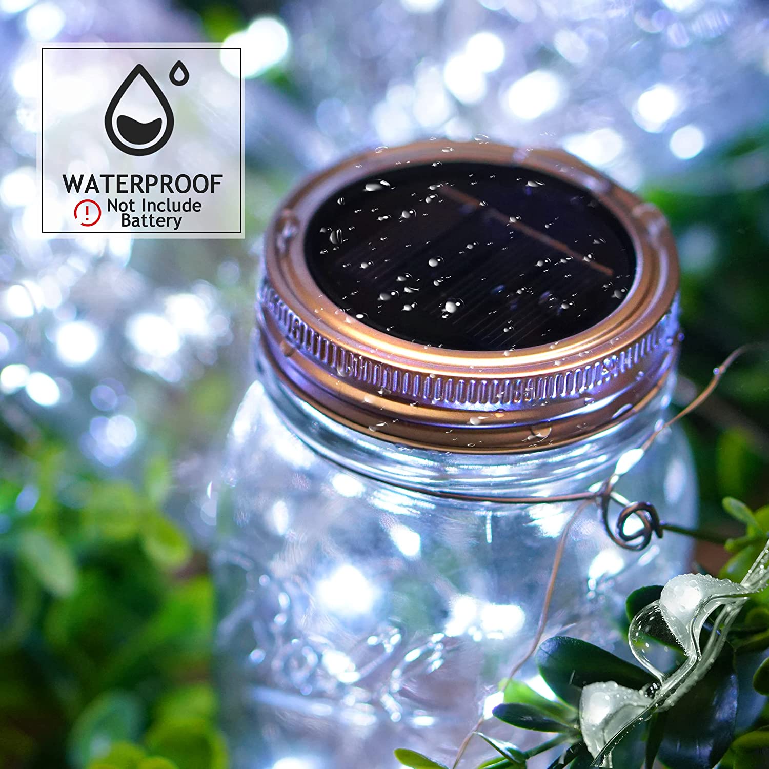 Soapow Mason Jar Solar Lights 3m 30 LED, 6 Pack Hanging Solar Mason Jar Lantern Outdoor, Waterproof Fairy Lights Solar Lamp with 6 Handles for Patio Garden Wedding Yard, Cool White (No Jars)