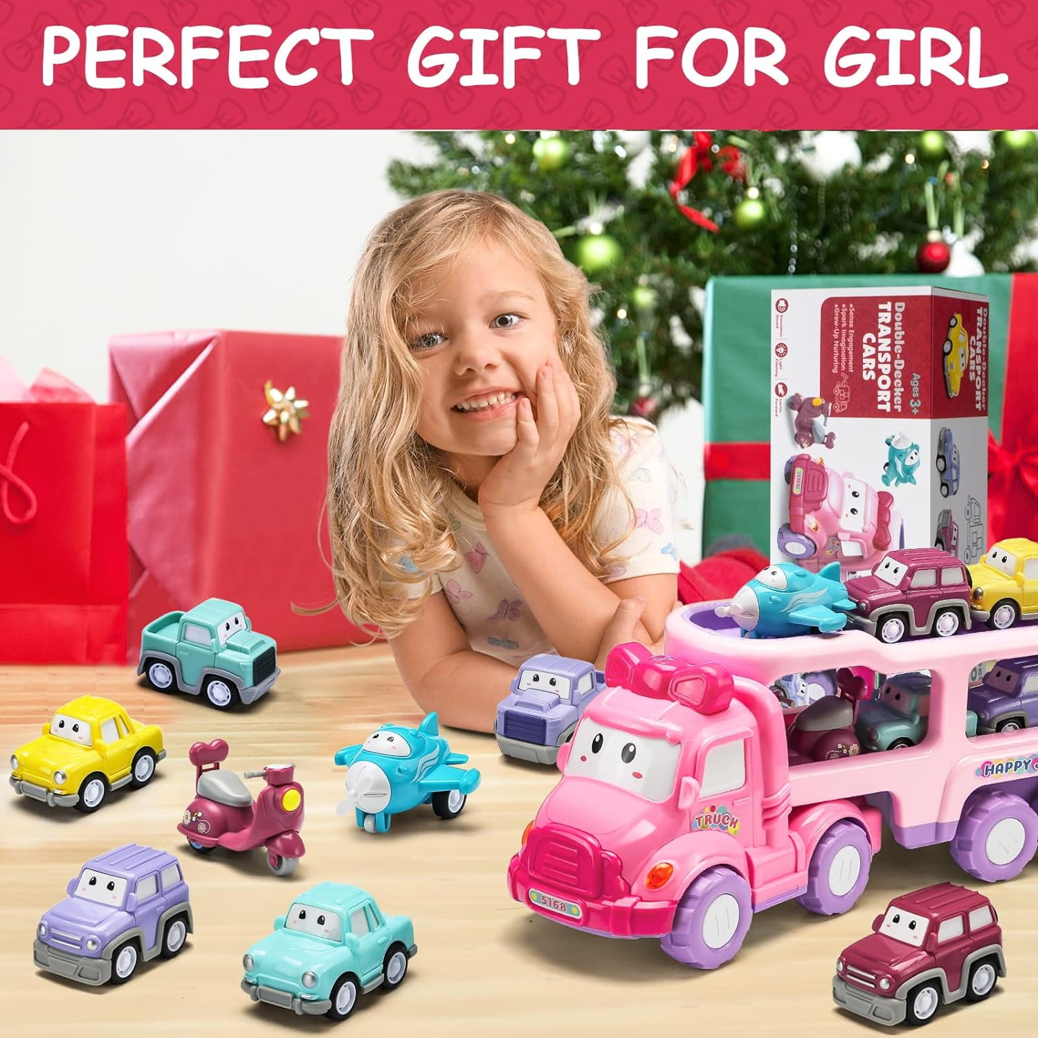 PayUSD Cartoon Vehicle Toy for Toddler Girl 5-in-1 Pink Carrier Truck for Baby Girls Friction Power Transport Car with Light and Sound Toys for 3 Years Little Girl Kid Child Infant Gift Birthday