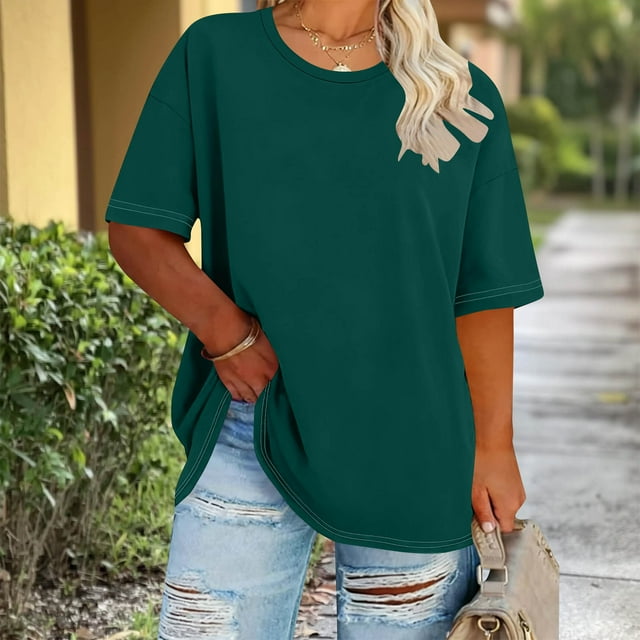 Ounisa Hauts pour Femmes Grande Taille Été Manches Courtes Côtelées Col Rond T-Shirts Basiques Mode