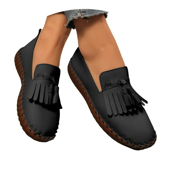 Mepaouo Womens Slip on Shoes Leather Tassel Casual Loafers Soft Comfortable Walking Work Flats Black 6