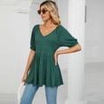 thumbnail image 2 of Defitshape Women's High T Shirt V Neck Top Short Sleeve Cotton Loose Crop Transformer Holiday One Shoulder Shirt Dark Green Large, 2 of 4