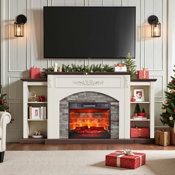 Antique White Electric Fireplace TV Stand – Vintage Entertainment Console for TVs Up to 80"