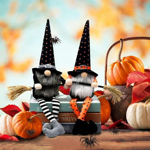 Gnomos De Felpa Para Halloween - Pack De 2 Muñecos Hechos A Mano, Con Sombrero De Bruja Y Calabaza