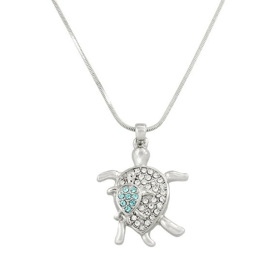 Sea Turtle Pendant Necklace Aqua Clear Rhinestone Crystal Rhodium Plated 17 Inch Snake Chain J0130-CR