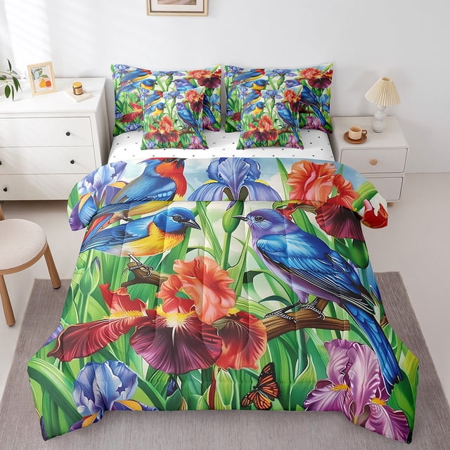 Floral Hummingbird Comforter Set Full,Rustic Farmhouse Flowers Bedding Set 7 Piece Bed In A Bag,Country Garden Style Irises Bed Set With Comforter,Sheets Pillow Case And Covers