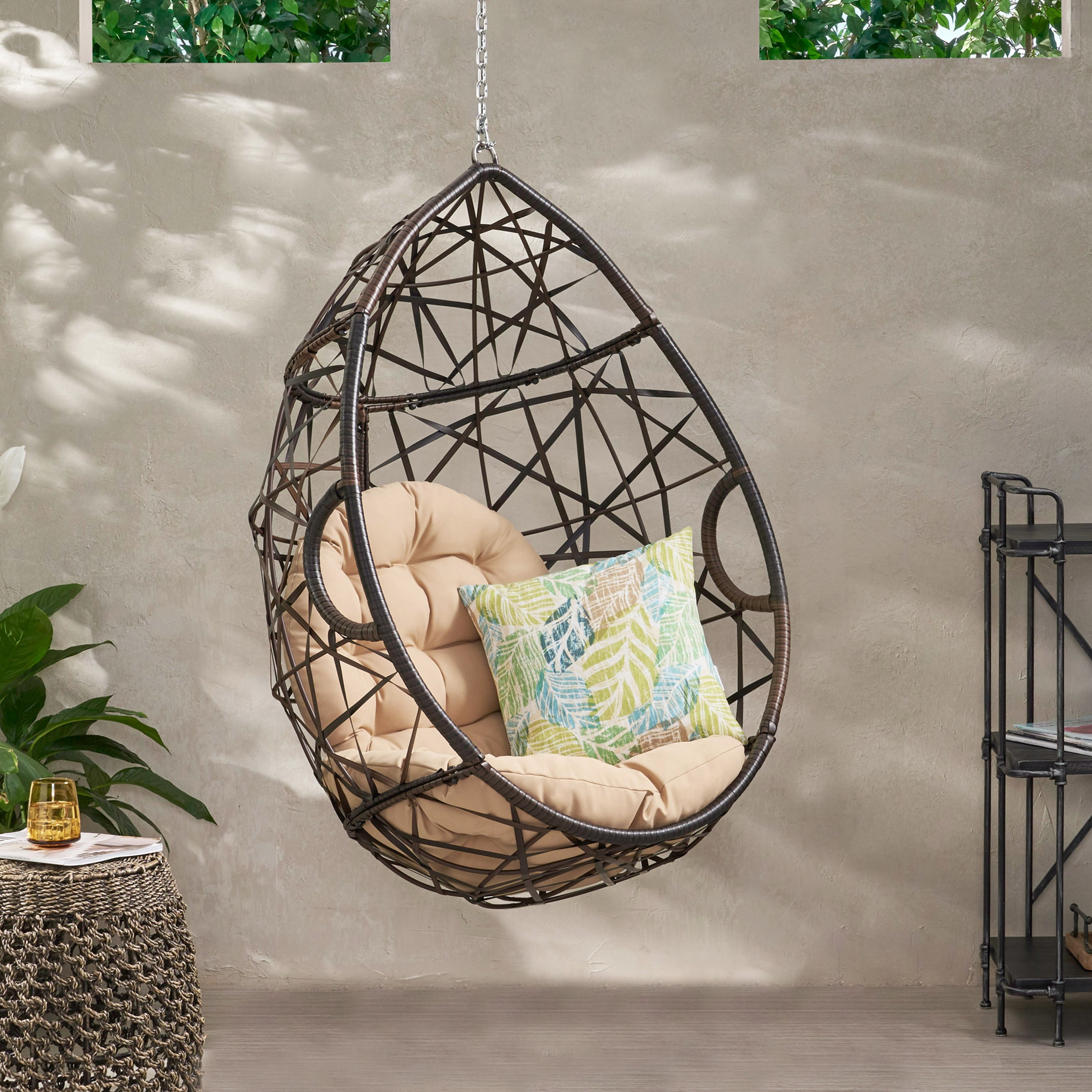 Outdoor Woven Basket Style Hanging Egg Chair, Suspended Leisure Swing Seat for Patio Garden, Brown and Beige