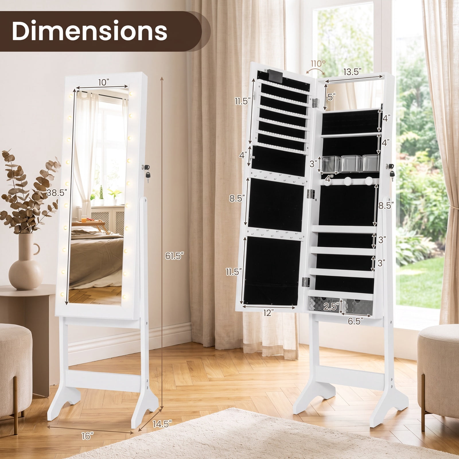 Furnibear Mirror Jewelry Cabinet with 20 Warm Lights and 4 Tilt Angles for Bedroom Dressing Room Jewelry Necklace Rings Storage Mirror, White