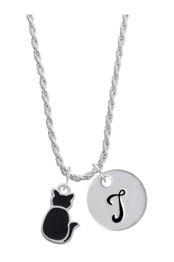Silvertone Large 2-D Black Cat Back Silvertone Script Initial Disc - T - Charm Necklace, 20"+3"