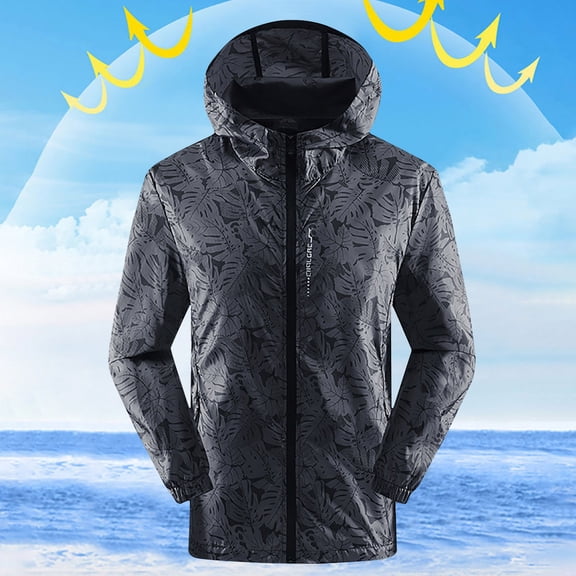 Maoxin Men Jacket Men's Summer Solid Color Sunscreen Thin Long Sleeved Hooded Casual Jacket Jackets for Men , Dark Gray , L