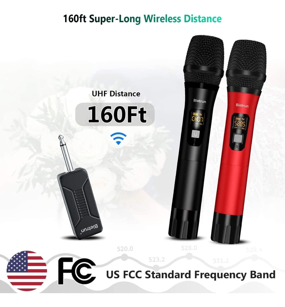 Wireless Microphone, Bietrun UHF Metal Dual Handheld Cordless Dynamic Mic System with Rechargeable Receiver, 1/4‘’Output, for Karaoke, Church, Speech, Wedding, Party Singing(160 ft Range)