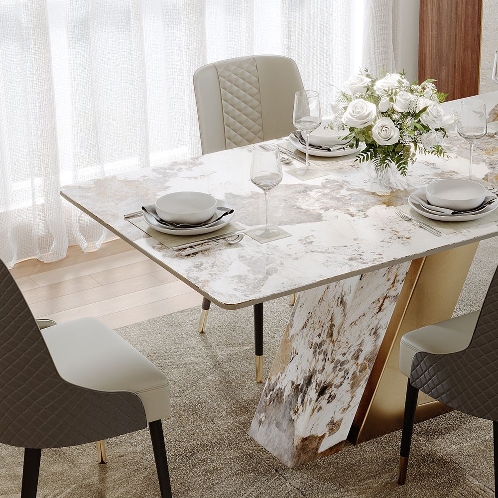 POVISON-71"Modern Luxury Gold Rectangular Dining Table for 4-6, Glossy Sintered Stone Tabletop, White and Gold Z-shaped Stainless Steel Base