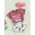 thumbnail image 3 of ZAXARRA Baby Girl 3Pcs Western Clothes, Short Sleeve Tops + Cartoon Print Shorts + Headband Set, 3 of 9