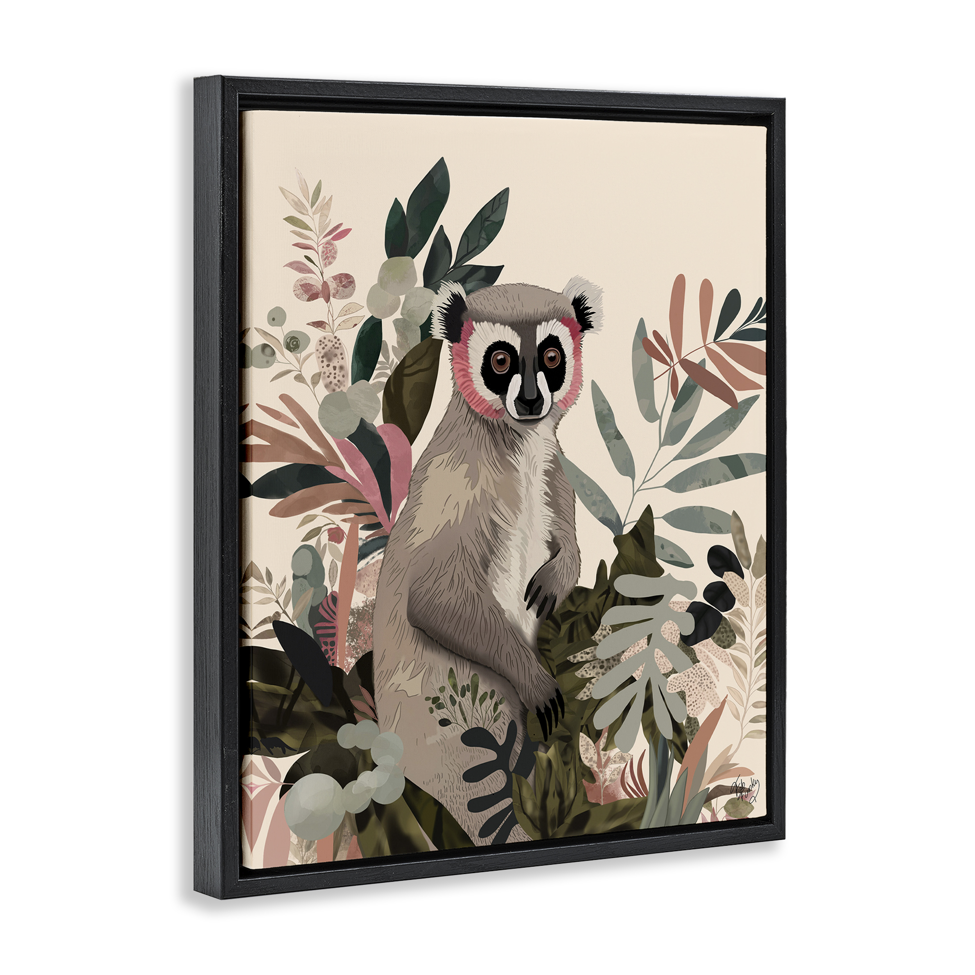 Stupell Industries Lemur in Tropical Tree Animals & Insects Painting Black Floater Framed Canvas Art Print Wall Art, 25 x 31