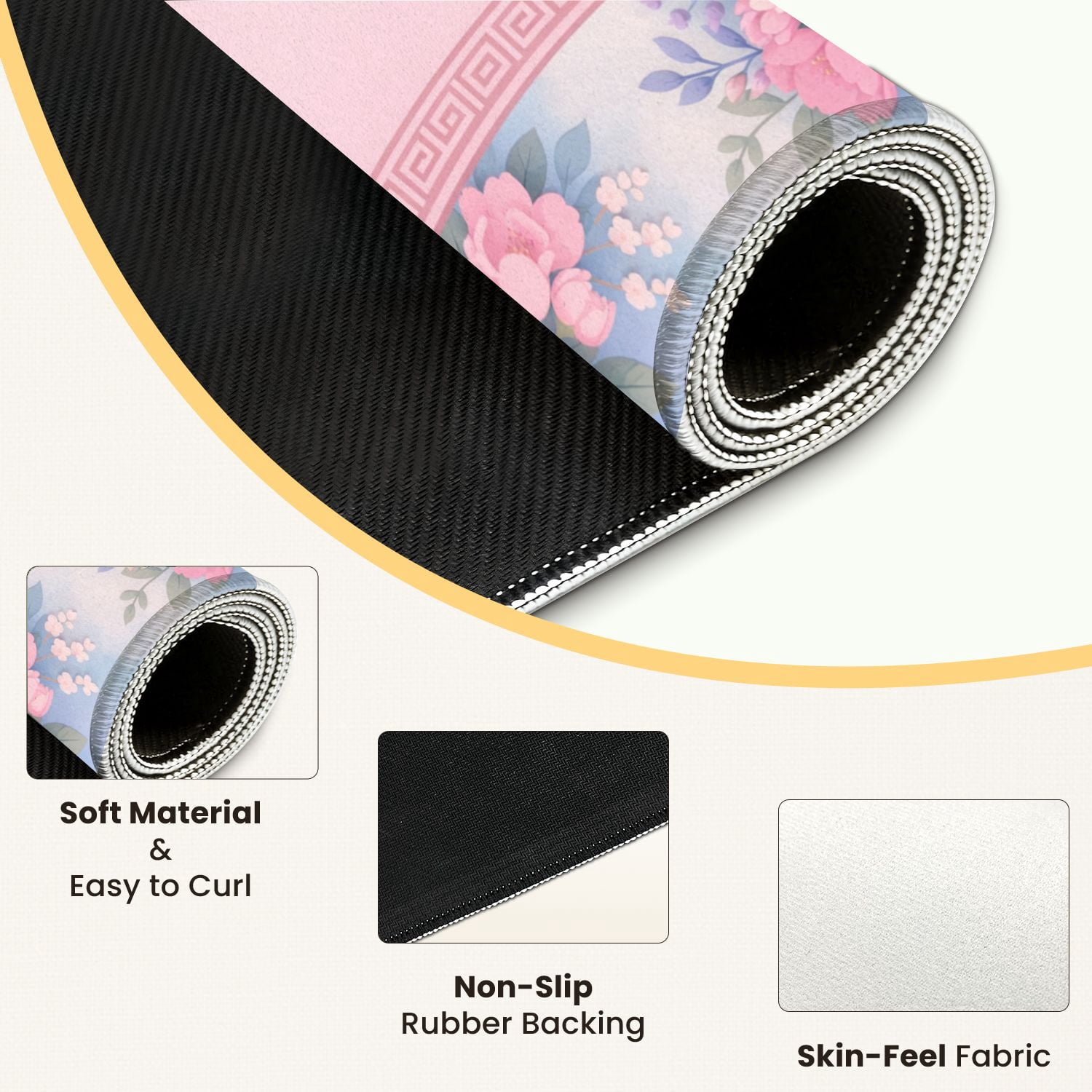Mahjong Mat 31.5" x 31.5" Pink Purple Floral Frame Greek Key Border Soft Pastel Non-Slip Noise Reduction Mahjong Tiles Table Cover for Dominoes Poker Card Board and Tile Games