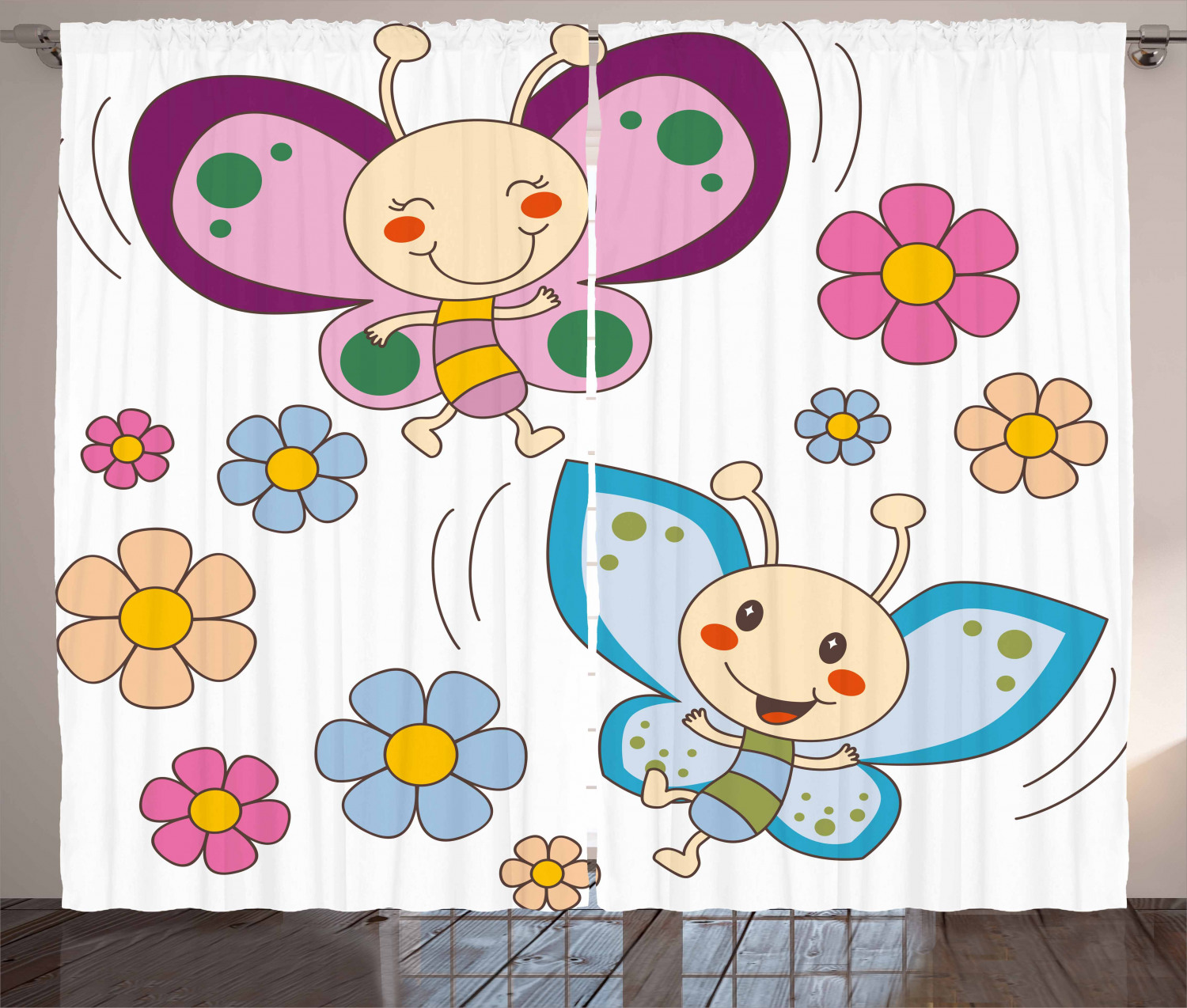 Nursery Curtains 2 Panels Set, Lilac and Blue Baby Kid Butterflies