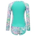 thumbnail image 2 of RUNQHUI Kids Girls 2Pcs Rash Guard Long Sleeve Zipper Wave Striped Printed Swim Top with Shorts Bathing Suit Green 11-12Y, 2 of 7