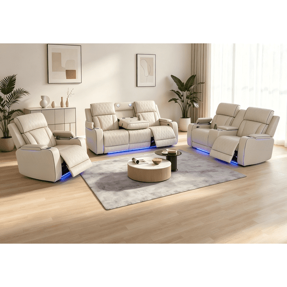 Power Recliner Sofa Set, 3 Piece Breathing Leather Sofa Set, Reclining Couch Loveseat and Chair Furniture with LED/USB Port/Cup Holders for Living Room Home Theater (Khaki)