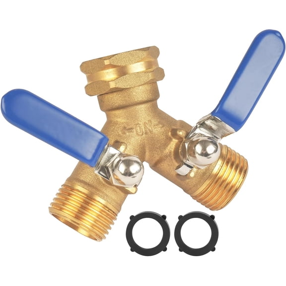 Hose Splitter 2 Way Heavy Duty, Full Flow Garden with Large Easy-Turn Handle, 3/4 Inch GHT Brass Water for Outdoor Faucet, Y Valve Bib