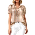thumbnail image 2 of Womens Short Sleeve Tops Women's Ruffled Blouse Puff Sleeve V Neck Button Front Plaid Shirt, 2 of 6