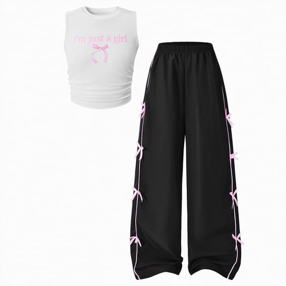 Xudanell Baby Girl Outfit Two Piece Set Girls Sleeveless Vest Casual Trousers Set Breathable Stylish Bow Print Kids Clothes
