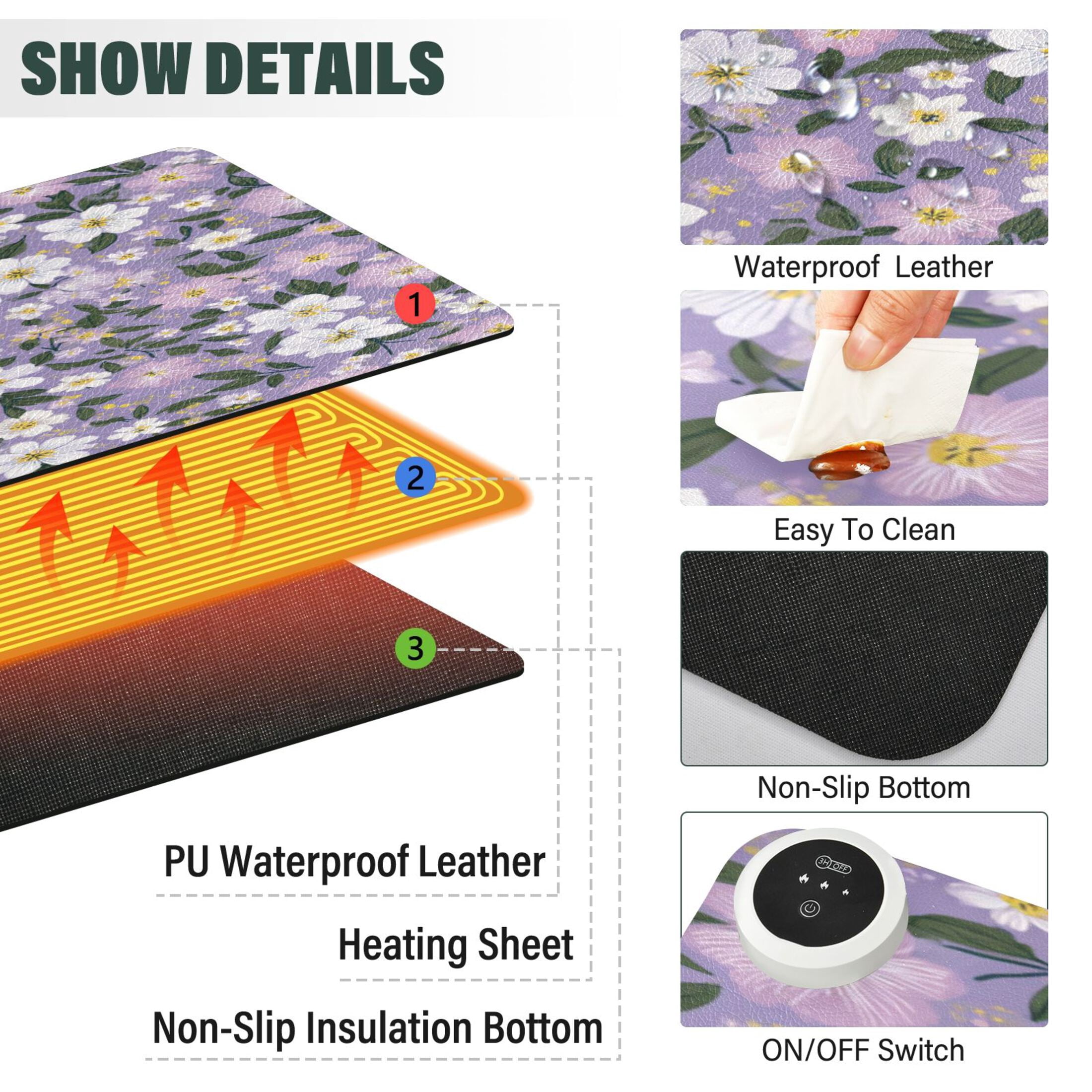 Large Heated Desk Mat Mouse Pad 31.5"x13"PU Leather Graphene Heating Desk Warmer with 3 Temperature Settings 110V US Plug Non-Slip Warm Pad for Home, Office, and Gaming Dainty Floral Seamless Print