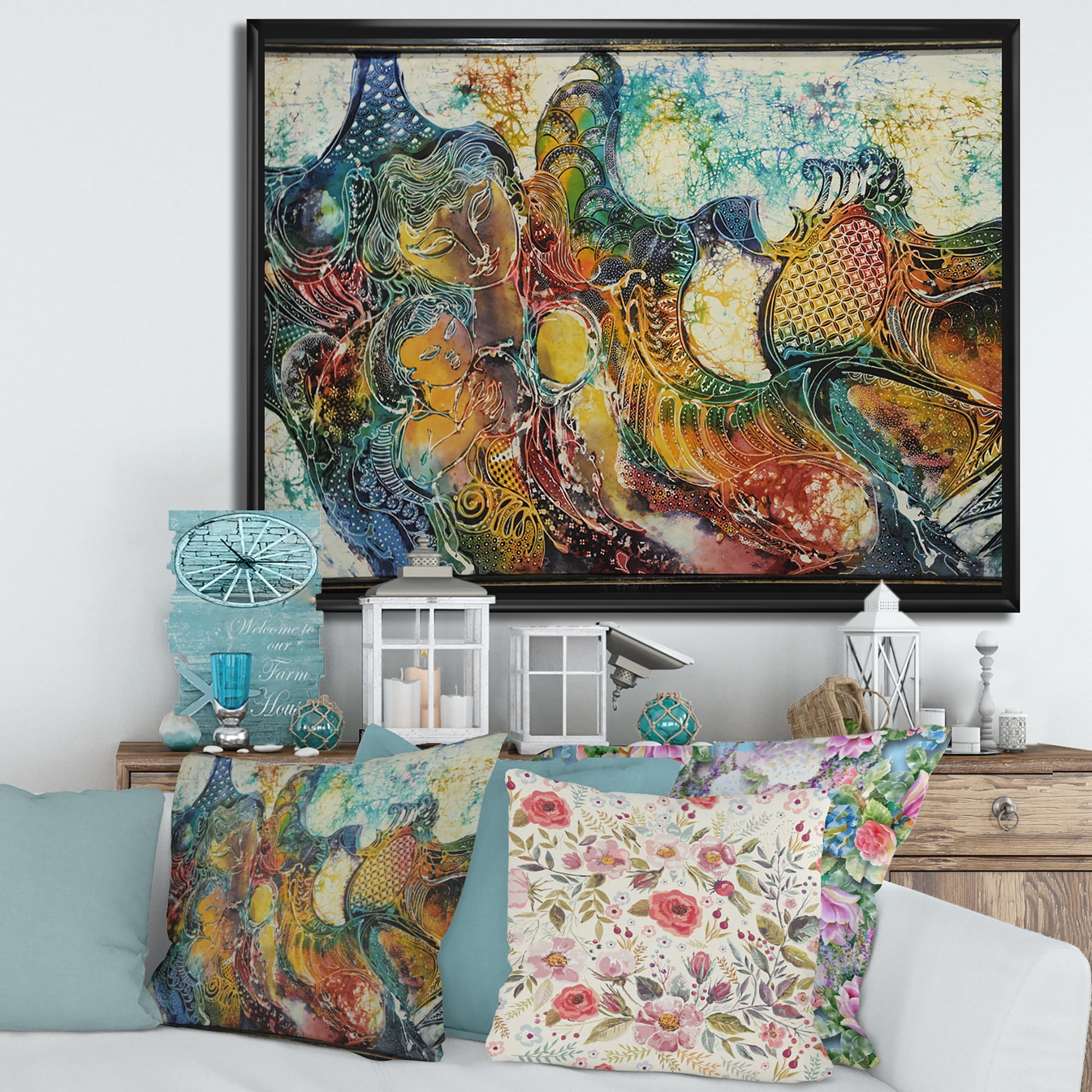 Designart 'Child With Mother With Batik' Modern Framed Canvas Wall Art Print