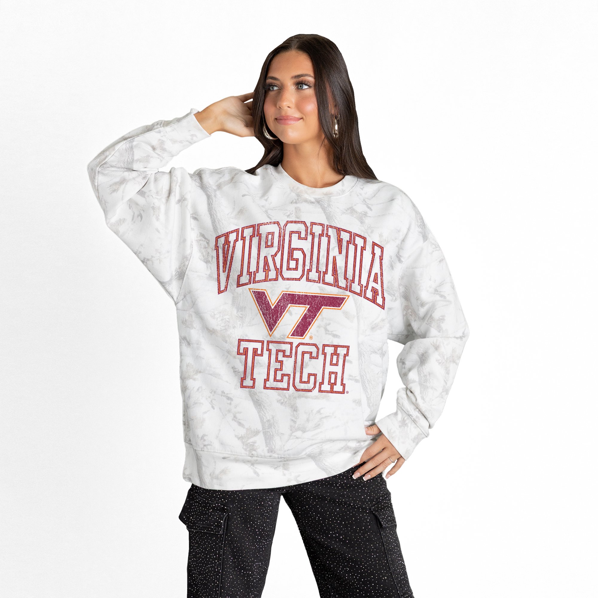 Women's Gameday Couture Ash Virginia Tech Hokies Whiteout Premium Fleece Camo Sweatshirt