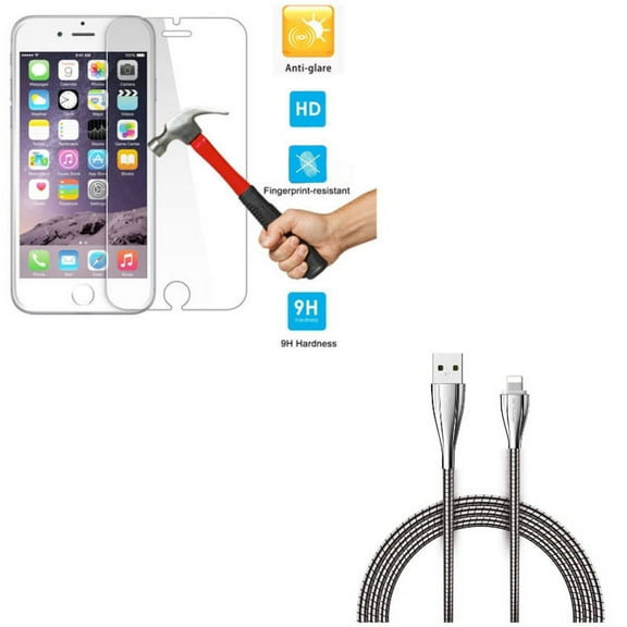 iPhone 8/7/6S/6 - Anti-Glare Screen Protector w 6ft Metal USB Cable - Tempered Glass Matte 2.5D Curved Edge Anti-Fingerprint, Charger Cord Power Wire Braided Long for iPhone 8/7/6S/6