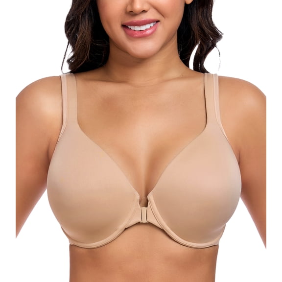 Exerin Women's Front Closure Bra Back Support Smoothing Underwire Comfortable Everyday Bras(40C,Beige)