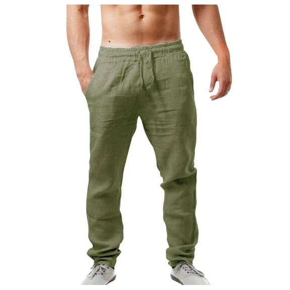 Odeerbi Men's Drawstring Cotton Linen Beach Pants 2025 Casual Solid Color Breathable Loose Pants Green