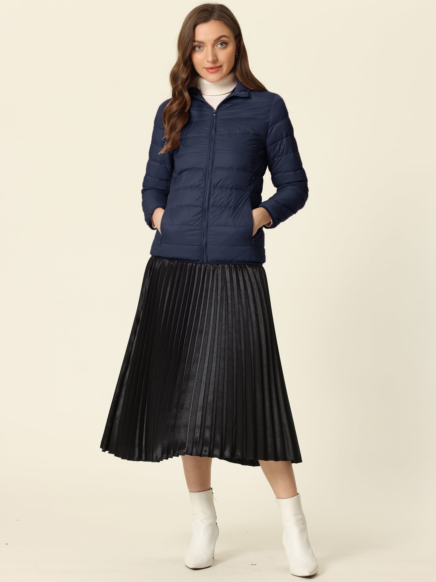 DARING DIVA Women's Hooded Zip Up Short Down Lightweight Jacket L Dark Blue