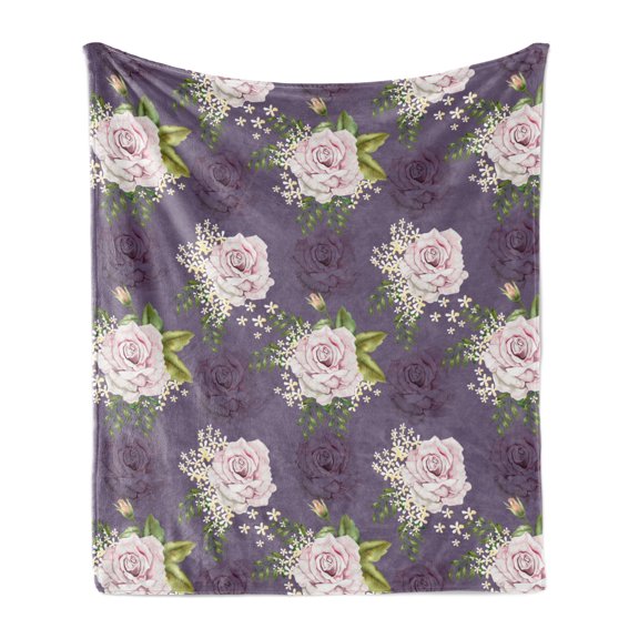 Natural Soft Flannel Fleece Blanket, Floral Theme Roses and Little Flowers with Leaves in Watercolor Paint, Cozy Plush for Indoor and Outdoor Use, 60" x 80", Rose and Pale Eggplant, by Ambesonne