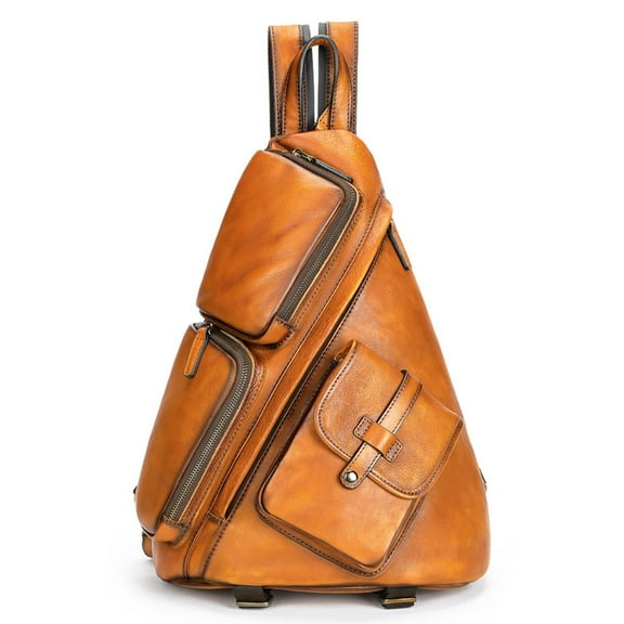 Men's Genuine Leather Sling Backpack – Retro Brown Crossbody Chest Bag, High-Quality Cowhide, Multiple Pockets, Adjustable Strap, Fits 9.7" Tablet