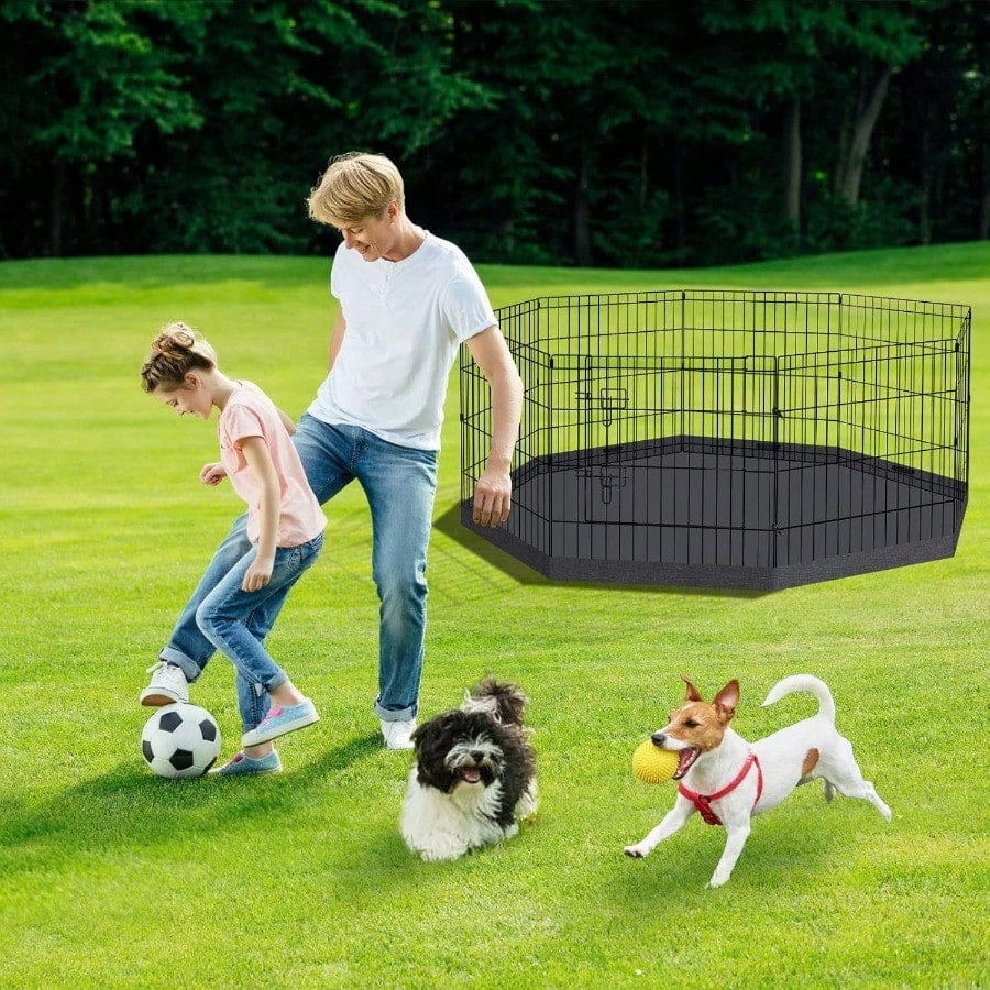 Dog Pen Pet Playpen Dog Fence Indoor Foldable Metal Wire Exercise Puppy Play Yard Pet Enclosure Indoor Outdoor 8 Panels 24 Inch with Bottom Pad/Top Cover Black with Bottom pad