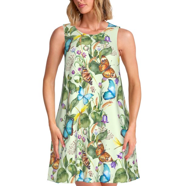 Balery Meadow Plants And Butterflies Vestidos de verano para mujer con estampado: vestido holgado sin mangas, vestido playero informal y cómodo para días calurosos.