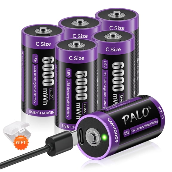 Palogreen 6 Pack Rechargeable C Batteries 1.5V Type-C USB High Capacity C Size Rechargeable Lithium Battery 6000mWh with Battery Case