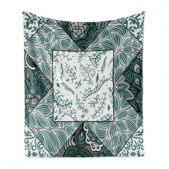 Boho Soft Flannel Fleece Throw Blanket, Shabby Form Leaves in Mix Chevron Swirled Nature Branches Flower Print, Cozy Plush for Indoor and Outdoor Use, 50" x 70", Jade Green Grey White, by Ambesonne