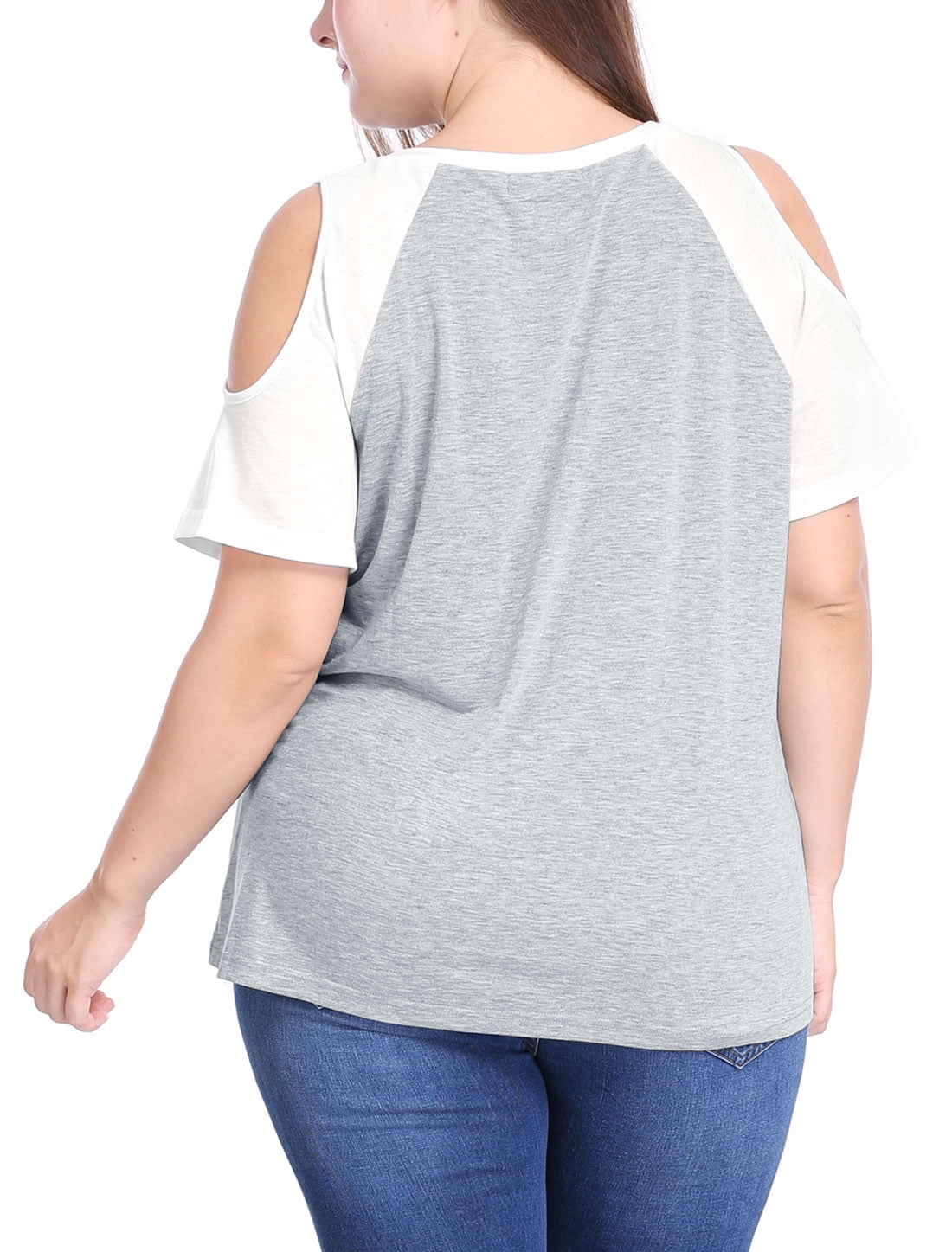 Unique Bargains Women's Plus Size T-shirt Raglan Short Sleeves Cold Shoulder Tee 2X Gray