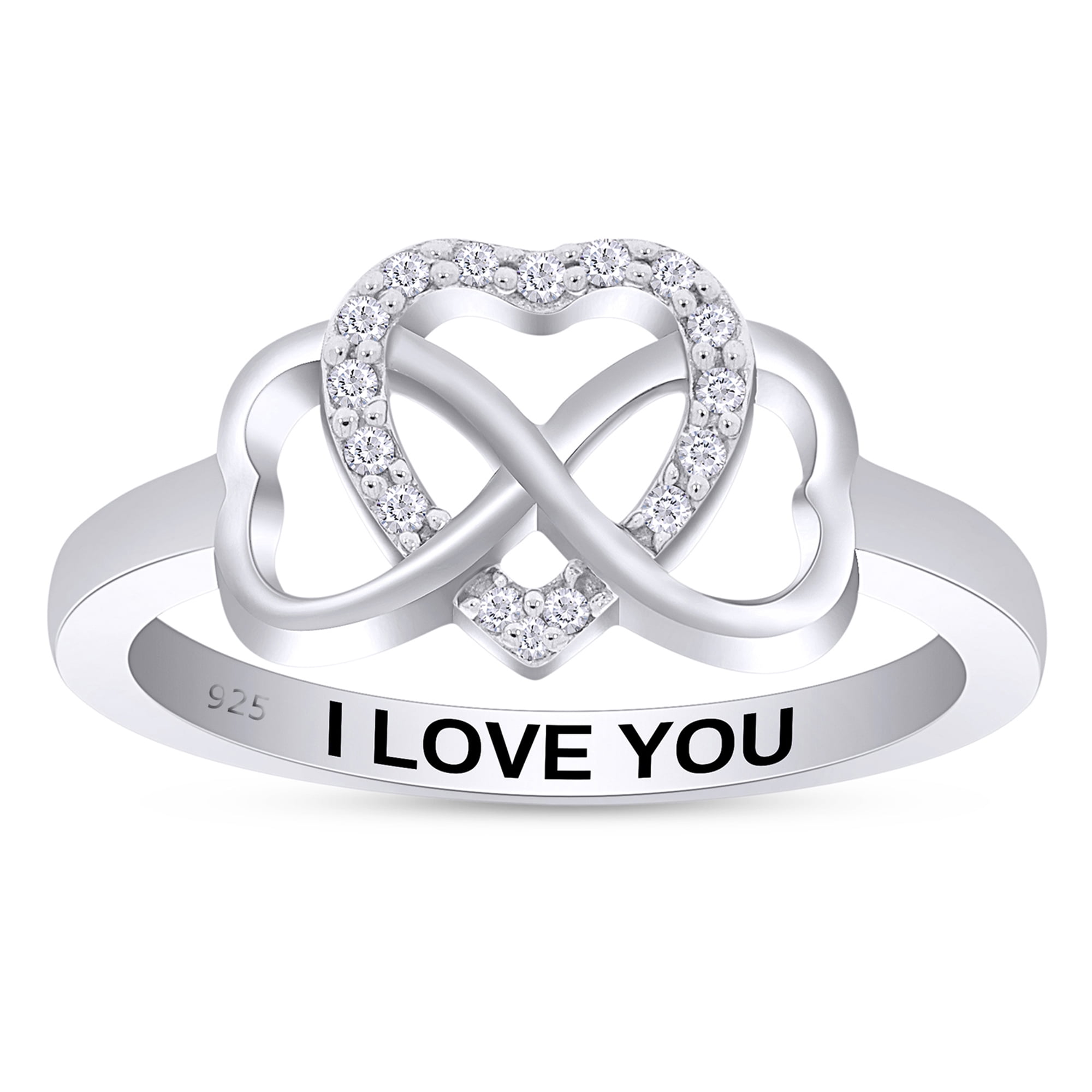 AFFY 0.05CT Natural Diamond "I Love You" Infinity Heart Promise Ring 14K White Gold over Silver-4