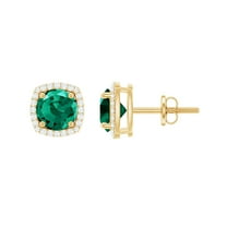 Rosec Jewels Lab Grown Emerald Stud Earrings with Diamond Halo (AAAA Grade), 18K Yellow Gold