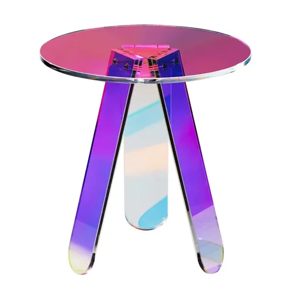 Round Iridescent Acrylic Side Table Clear Rainbow Coffee Table for Living Room Bedroom Study