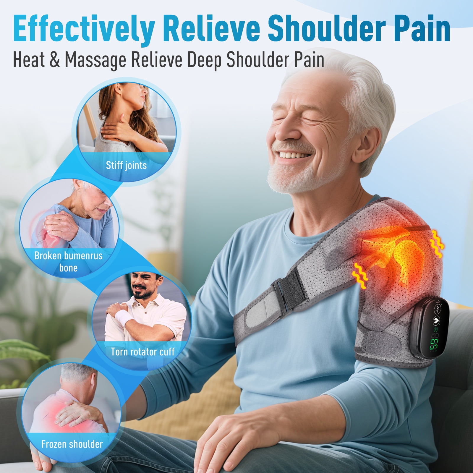 Shoulder Heating Pad Massager, Cordless Heated Shoulder Brace Wrap Shoulder Massager, Heating Vibration Shoulder Wrap with 3 Vibration and 3 Heat Settings, Muscle Rotator Cuff Relax Heating Pad, Grey