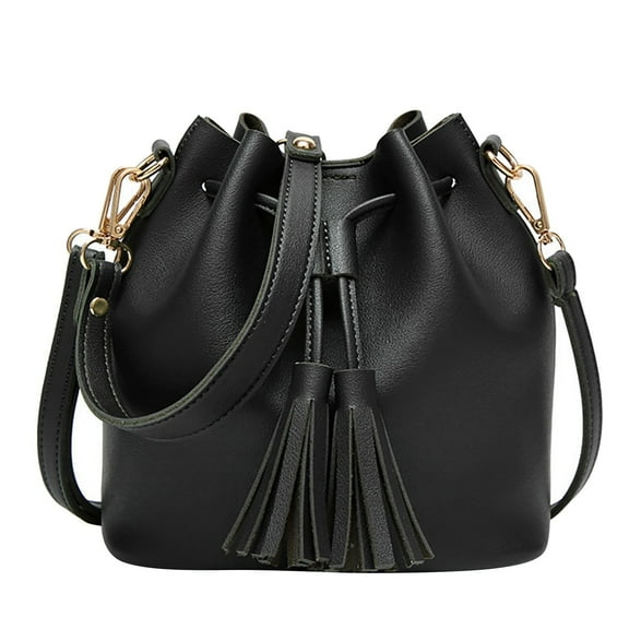 JUYGO PU Leather Bucket Bags and Purses for Women Drawstring Hobo Shoulder Handbags olid Color Single Shoulder Women's Tassel Messenger Drawstring Crossbody Bag with Chain Strap