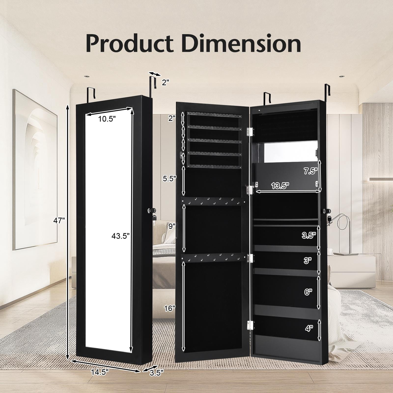 Giantex LED Jewelry Cabinet Wall Door Mounted, Lockable Jewelry Armoire w/Full Length Mirror, Cosmetics Tray, Brush Holders, Build-in Makeup Mirror for Women Girls (Black)