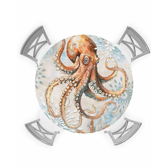 nqOlkjepod Brown Octopus Coastal Round Tablecloth, Fitted Table Cover with Elastic for 45"-54" Round Tables, Nautical Summer Beach Ocean Table Cloth Outdoor Dinning Party Waterproof Tablecloths