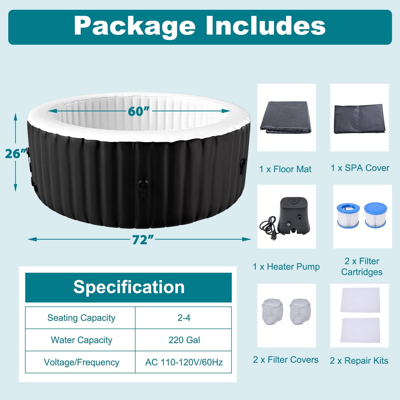 Lilypelle 72" X 72" X 26" Inflatable Hot Tub, 4 Person Portable Blow Up Hot Tub Square Portable Outdoor Spa with 130 Bubble Jets and Built in Heater Pump, Filter